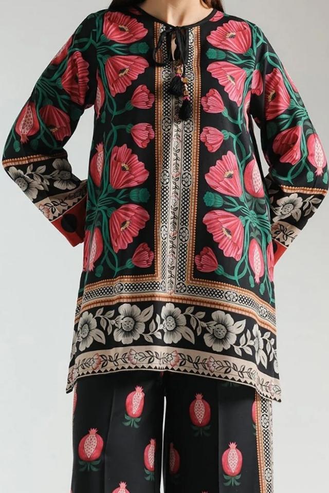 Stylish Printed V-Neck Shirt and Plain Trouser Set - 2 Pcs